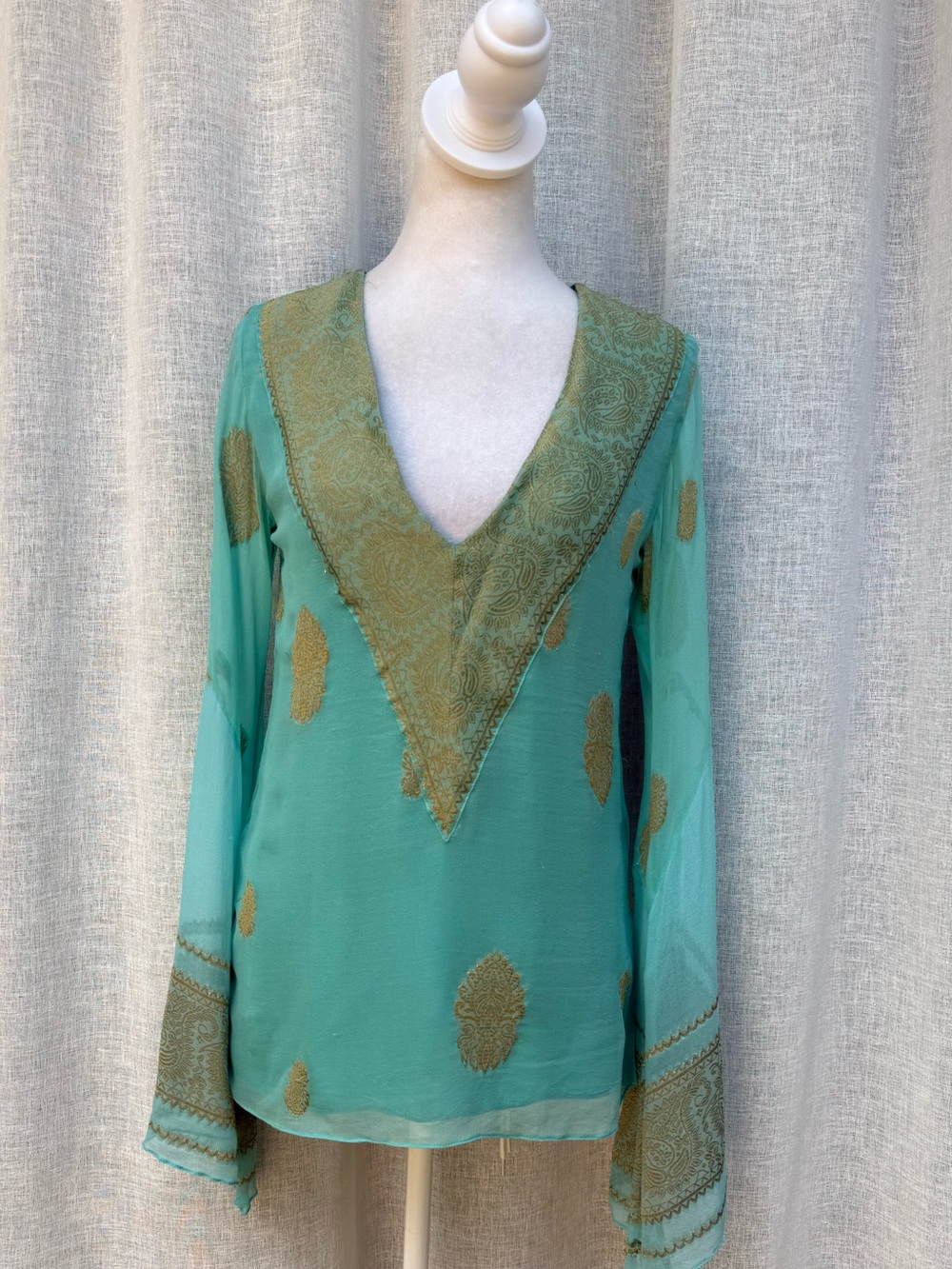 Ralph Lauren black label turquoise silk tunic gold v neck